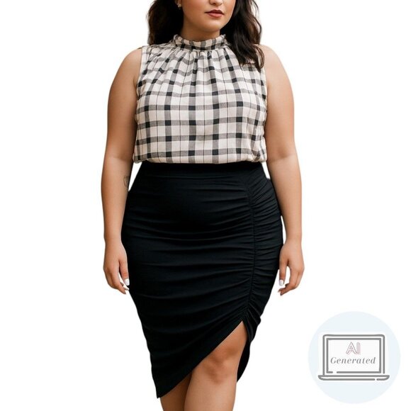 Torrid Rayon Twill Ruffle Trim Mock Neck Tank Black White Plaid Plus Size 1 |1X - Picture 1 of 16